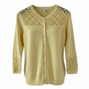 Isaac Mizrahi Live Yellow Button Down 3/4 Sleeve Cardigan with Crochet Detail XS